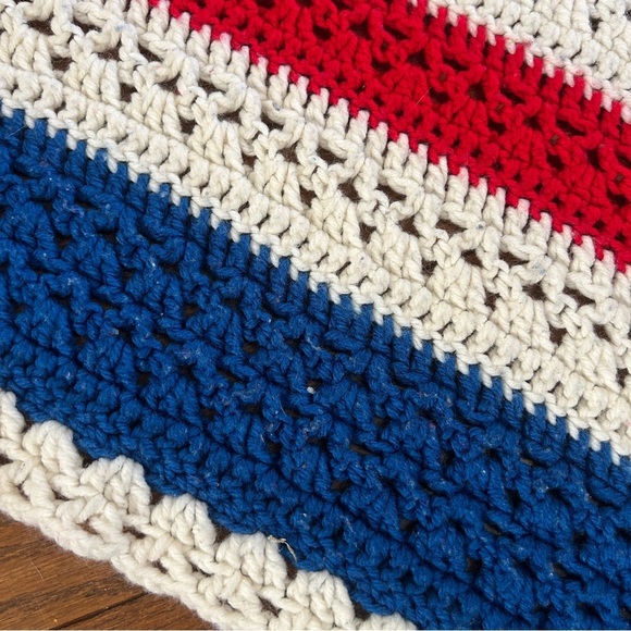 EUC handmade crocheted blanket afghan in red, white and blue. 41x77 inches. - Picture 5 of 7